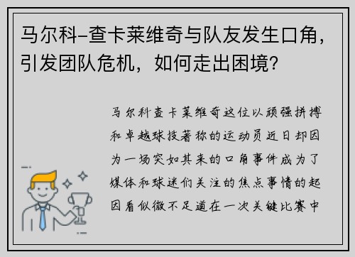 马尔科-查卡莱维奇与队友发生口角，引发团队危机，如何走出困境？