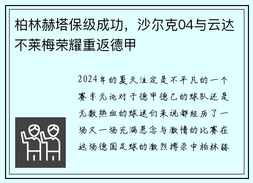 柏林赫塔保级成功，沙尔克04与云达不莱梅荣耀重返德甲