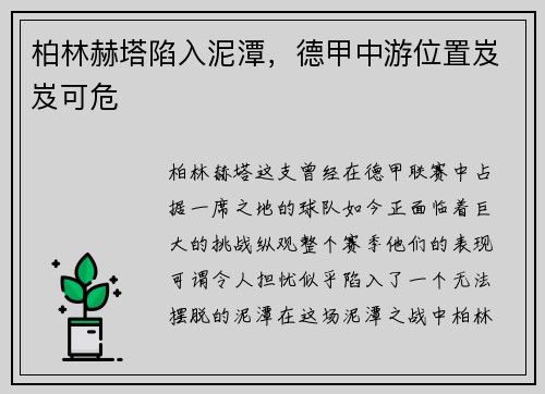 柏林赫塔陷入泥潭，德甲中游位置岌岌可危