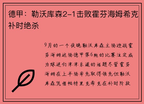 德甲：勒沃库森2-1击败霍芬海姆希克补时绝杀