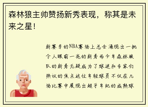 森林狼主帅赞扬新秀表现，称其是未来之星！