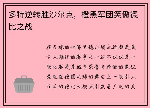 多特逆转胜沙尔克，橙黑军团笑傲德比之战